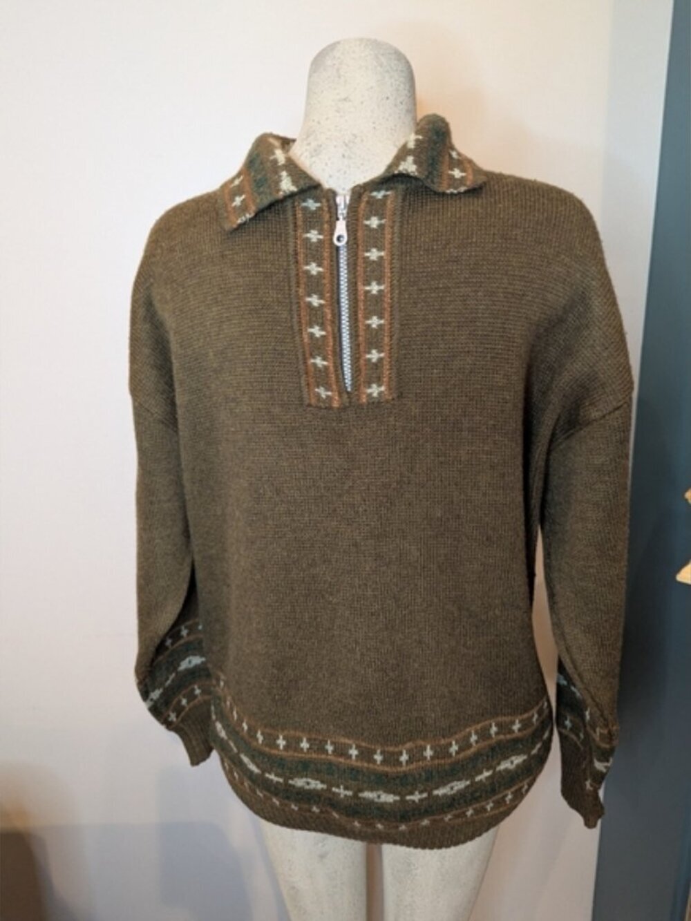 Vintage Norwegian mid century wool men's zip neck sweater, Brown Size  XL
